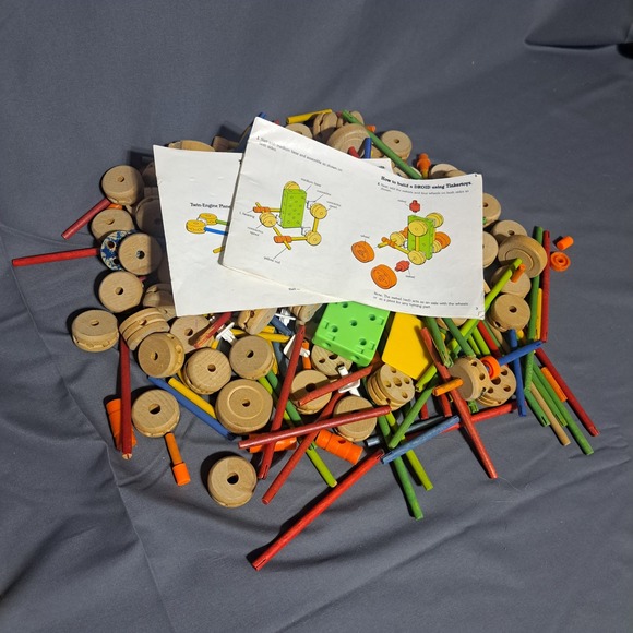 VTG Tinkertoy Wooden Plastic Building Connector Blocks 275+ pc Wheels Rods - Picture 2 of 3